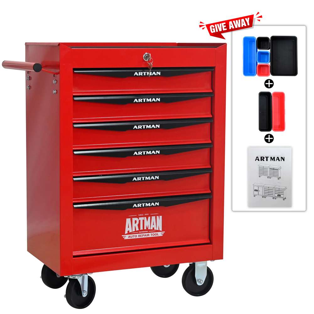 Caisse à outils roulante 6 tiroirs, glissières à billes, boîte en acier, organiseur, rouge et noir. - 4