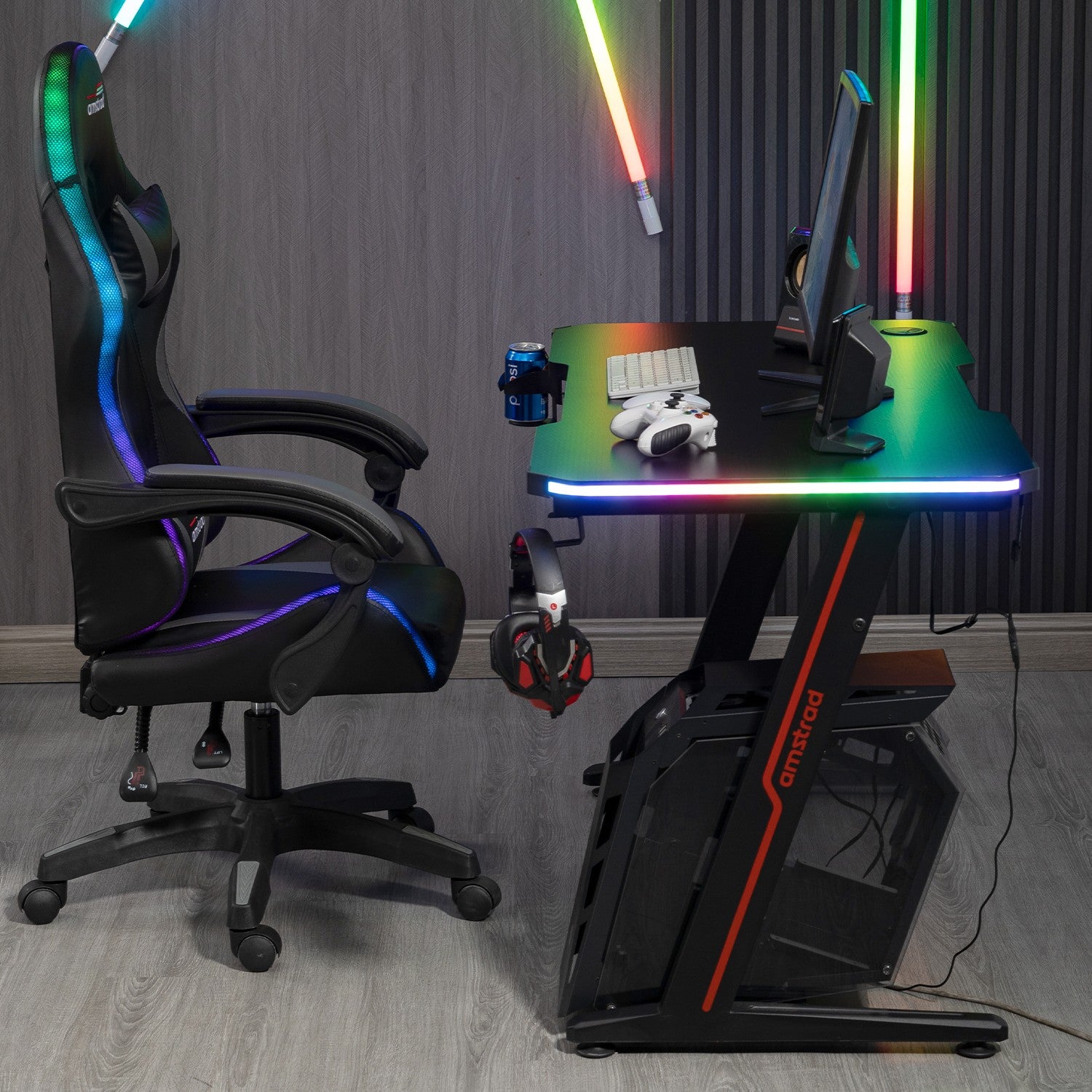 Pack Bureau Gamer Amstrad DESK120Z & Fauteuil Ultimate - Bureau 120 Cm Blanc, Style Carbone | Porte-gobelet, Support Casque Inclus - 3