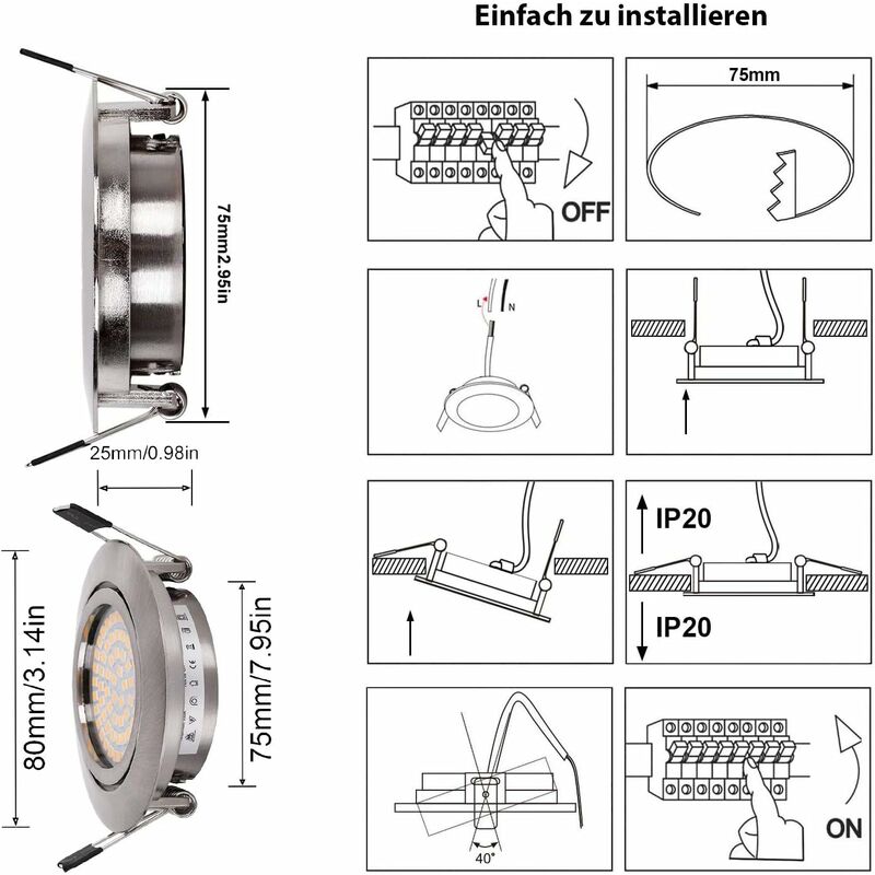 Set di 8 faretti da incasso a LED piatti 220V 5W Faretti da soffitto a LED orientabili Bianco caldo 3000K, Faretto da incasso rotondo in acciaio IP20 - 5