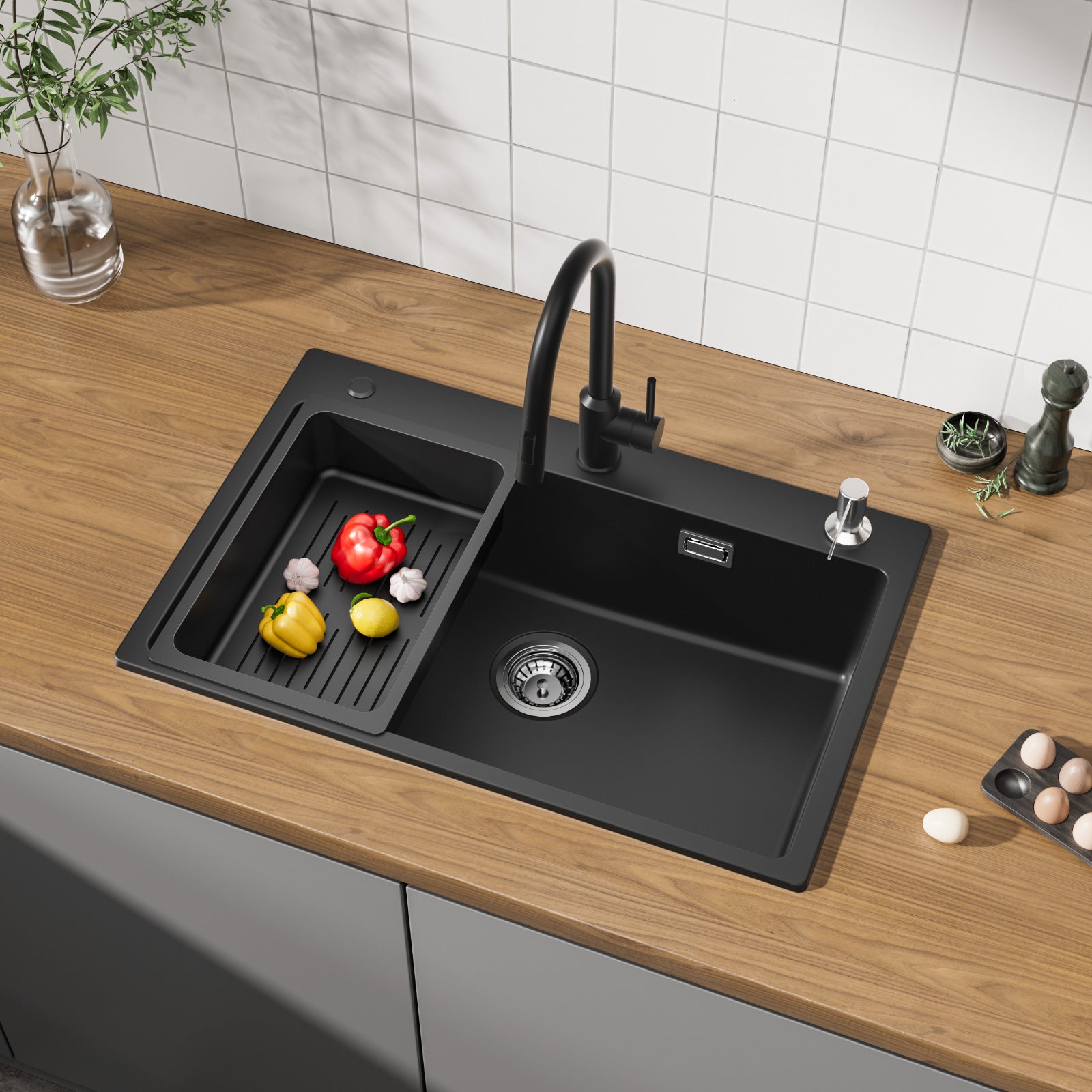 Lavello Da Incasso In Quarzo 55x45 Cm Nero - Con Troppopieno, Scarico 40mm E Sifone - Per Piani Da 60 Cm - Kit Completo