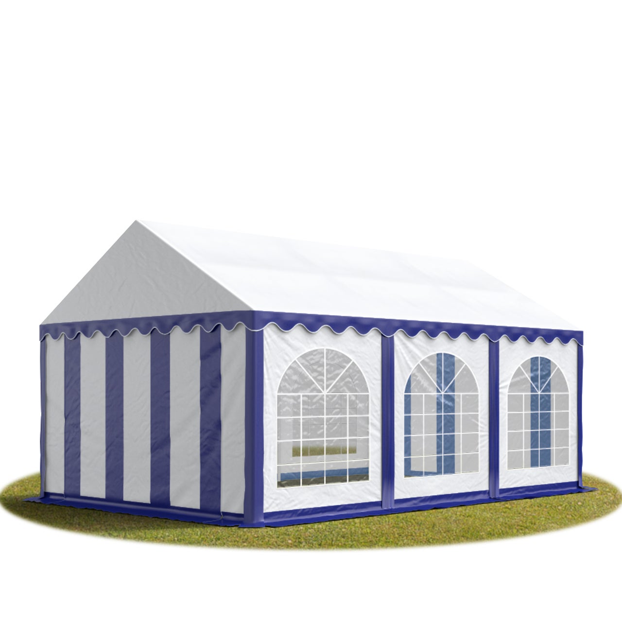 Namiot festynowy imprezowy 4x6 m PREMIUM, wysokiej jakości plandeka PVC 750 N, niebiesko-biały, 100% wodoodporny, z ramą podłogową