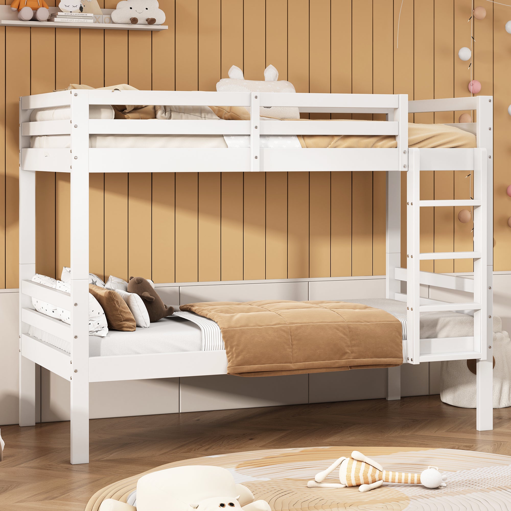Lit superposé pour enfants avec échelle d'angle à trois niveaux et protection contre les chutes, cadre en pin, blanc, 90x200cm - 2