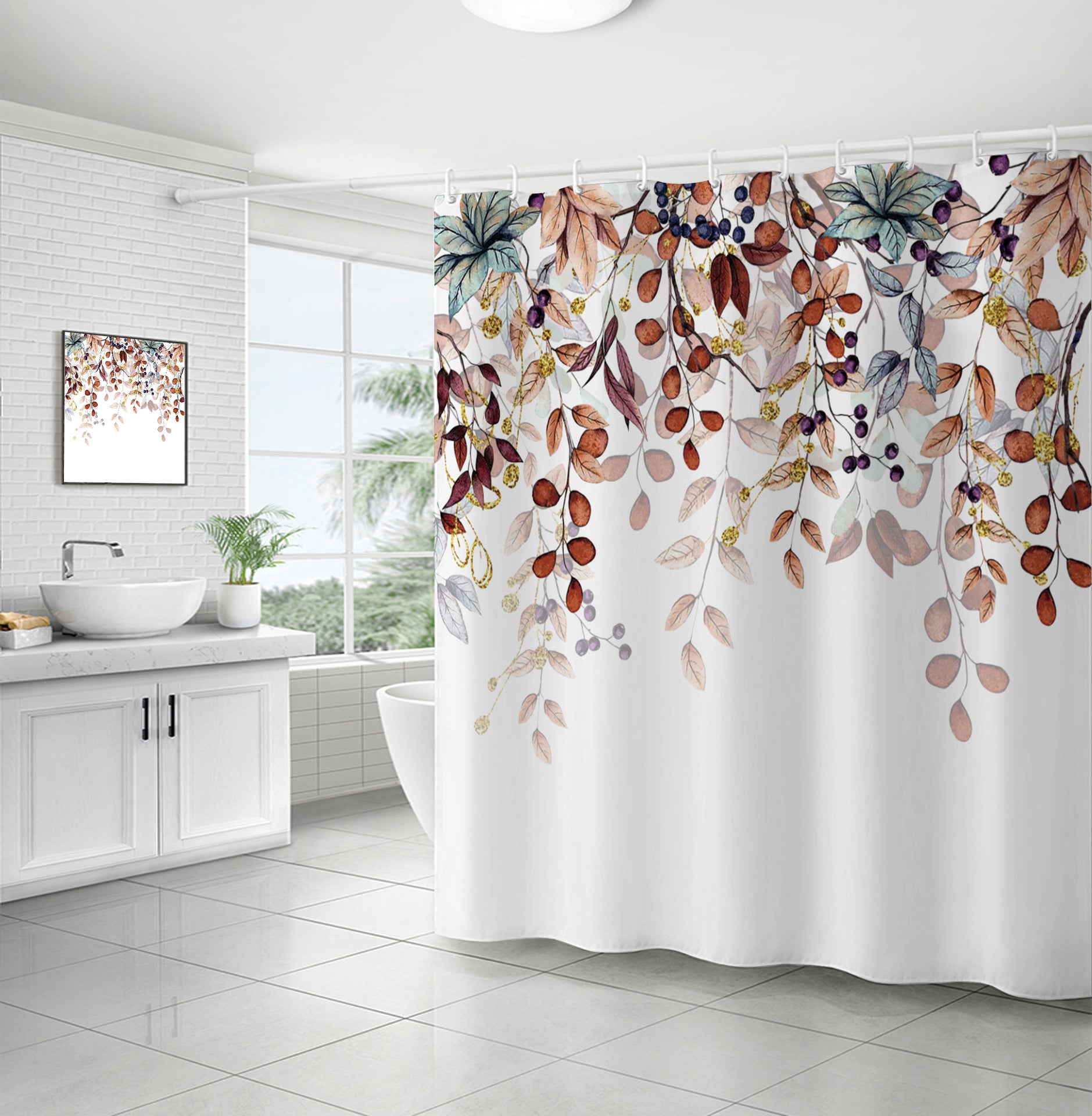 Dazzlewall Rideau de Douche Feuilles Vertes Botaniques 180x180cm, Rideau de Bain Fleurs Feuillage Tropical Imperméable, Tissu Résistant Moisissures avec 12 Crochets