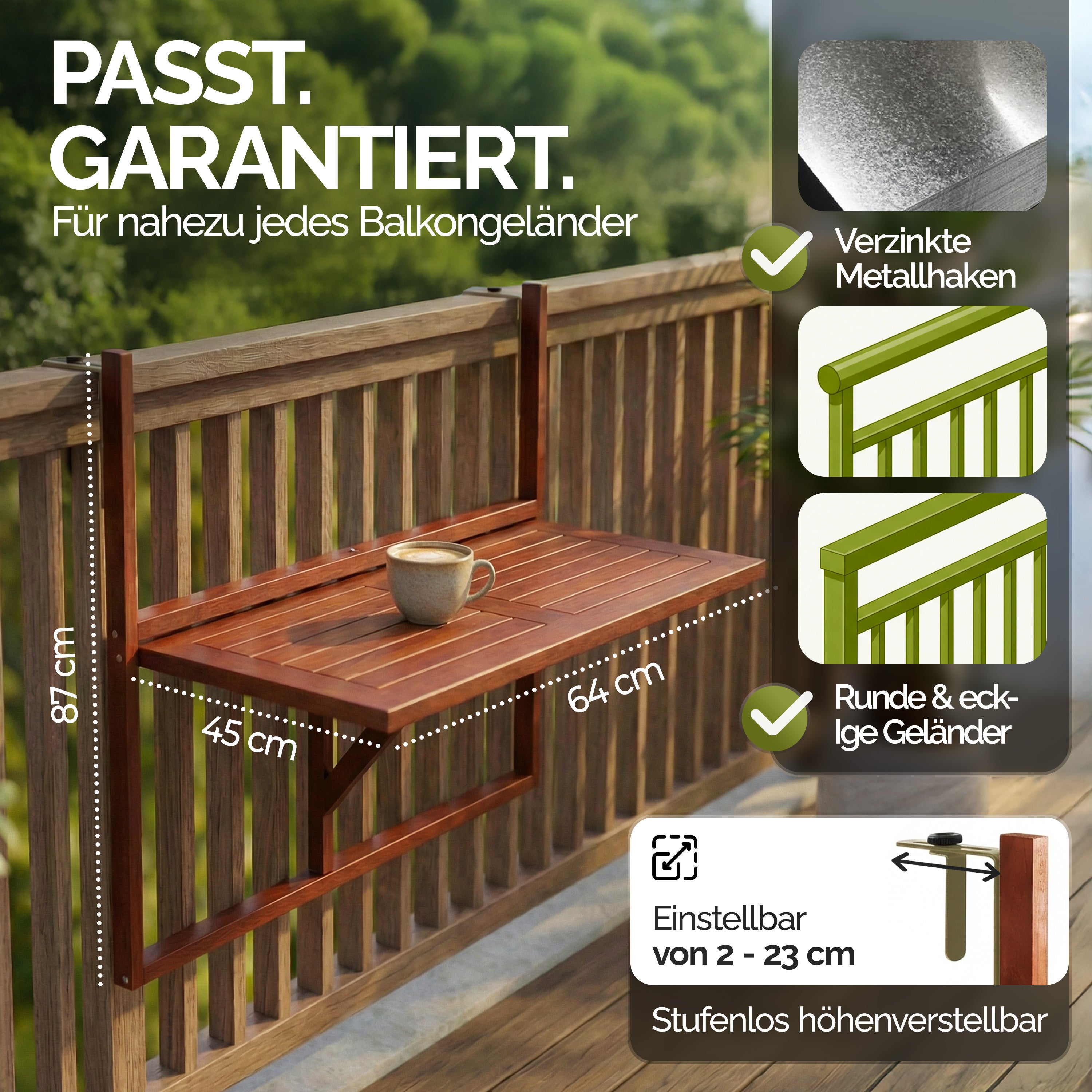Table de balcon suspendue en bois d'acacia certifié FSC Table de balcon rabattable 64 x 45 x 87 cm balcon terrasse - 7