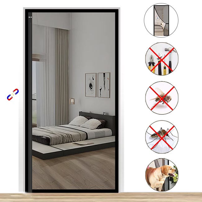Moskitiera do drzwi z magnesami i paskami samoprzylepnymi, magnetyczna moskitiera do drzwi, czarna, 90 cm x 220 cm