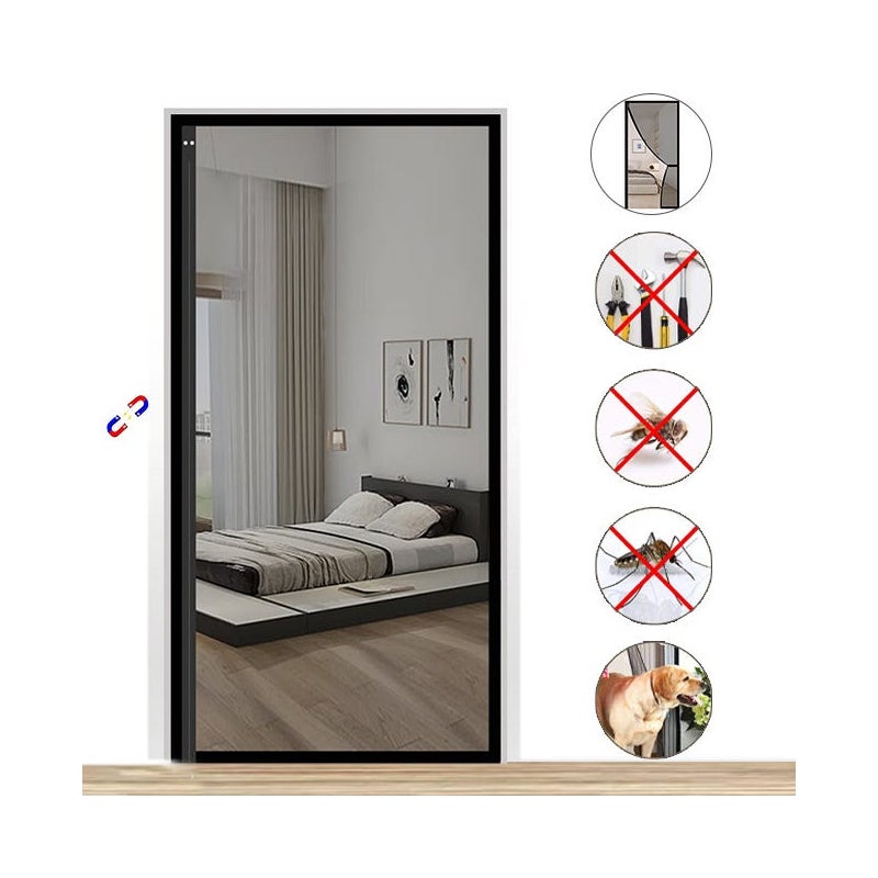 Moskitiera do drzwi z magnesami i paskami samoprzylepnymi, magnetyczna moskitiera do drzwi, czarna, 90 cm x 220 cm