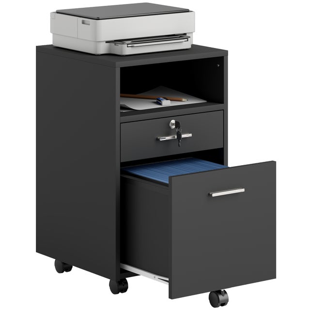 Classeur Mobile Vinsetto A4 à Roulettes – 2 Tiroirs + Serrure, Rangement Dossiers Suspendus, Blanc