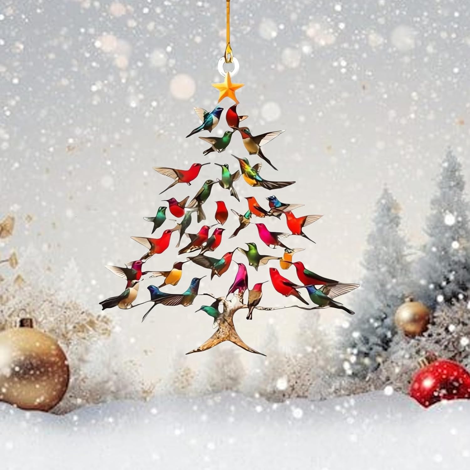 2 décorations de Noël colorées en forme de colibri,surface plane en acrylique,décorations pour arbres de Noël,cadeaux pour les amoureux des oiseaux - 5