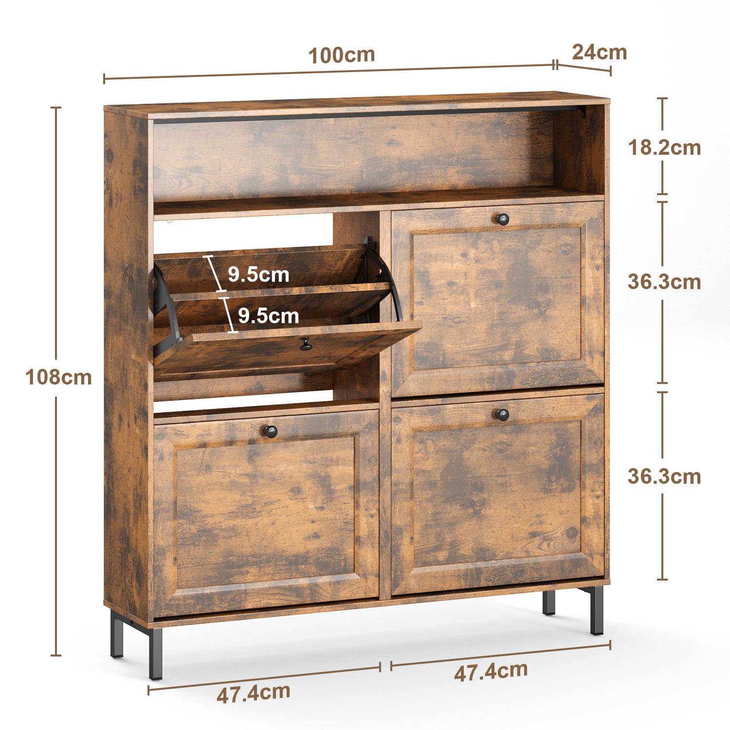 Meuble à Chaussures à 4 Abattants 1 Étagère Industriel Vintage 100x24x108cm Bealife - 3
