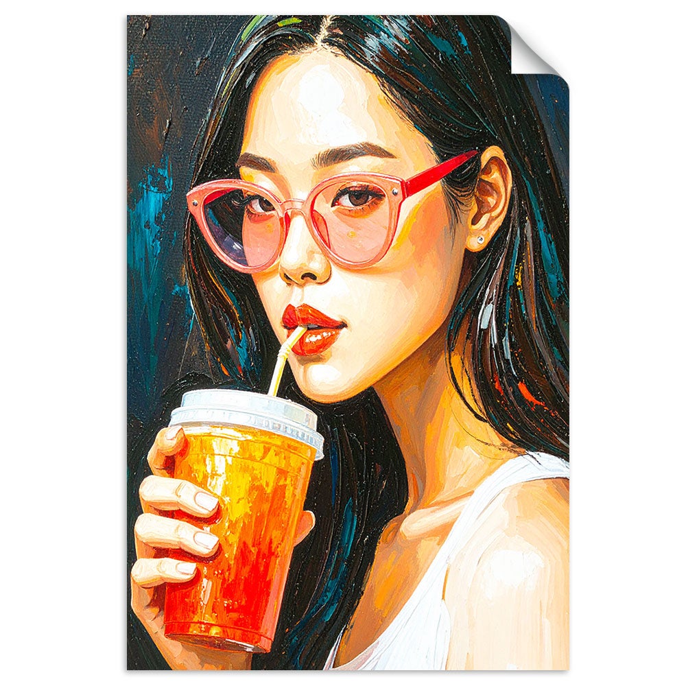 Naklejki samoprzylepne do salonu sypialni, Dziewczyna w okularach pijąca Kawę 80x120