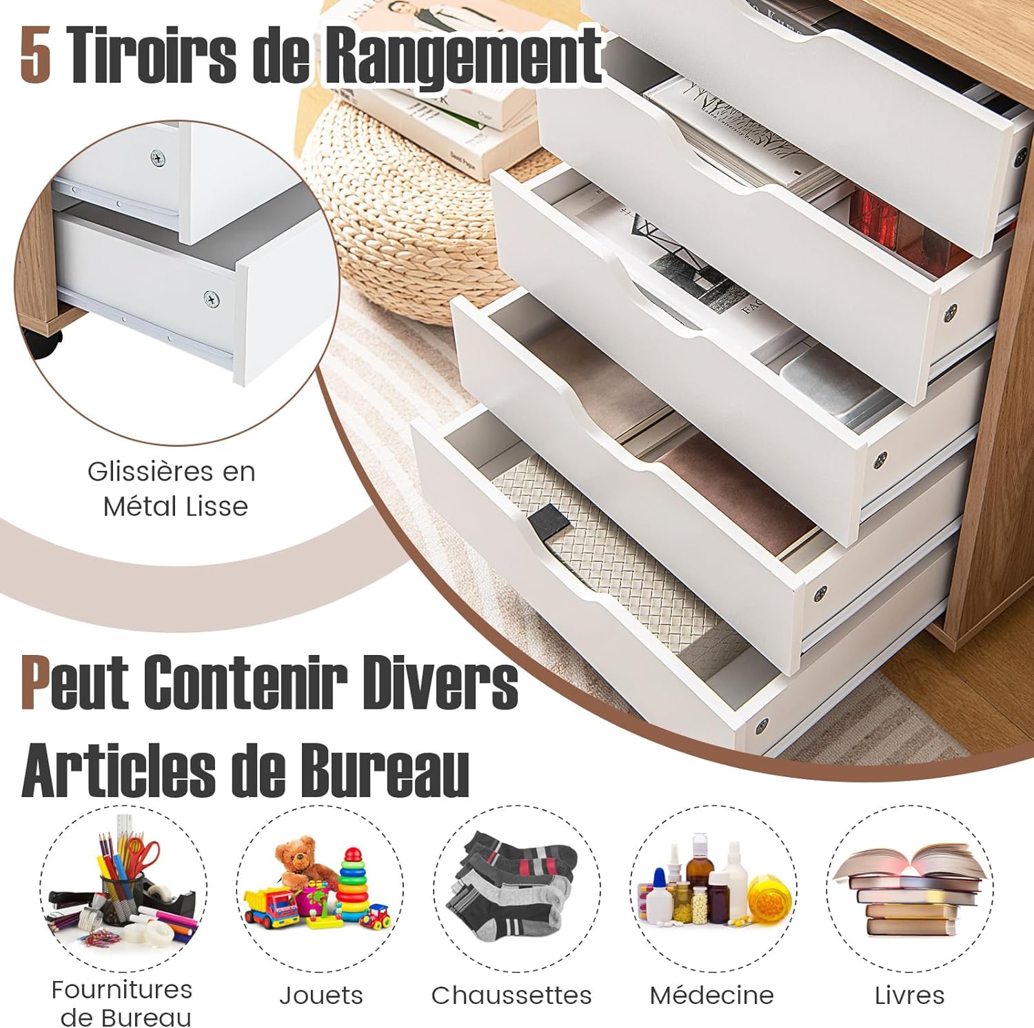 Caisson Bureau 5 Tiroirs à Roulette avec Poignée, Caisson Rangement pour A4, Lettre, 2 Roues avec Frein (Blanc Naturel,49 x 40 x 65 cm) - 2