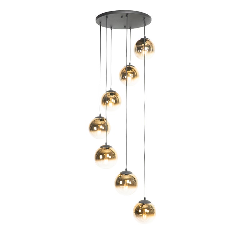 Qazqa artdeco lampa wisząca z kloszem (5 punktów) do stołu jadalnego inteligentny - Pallon - czarny, okrągły, żarówkami LED 7 w