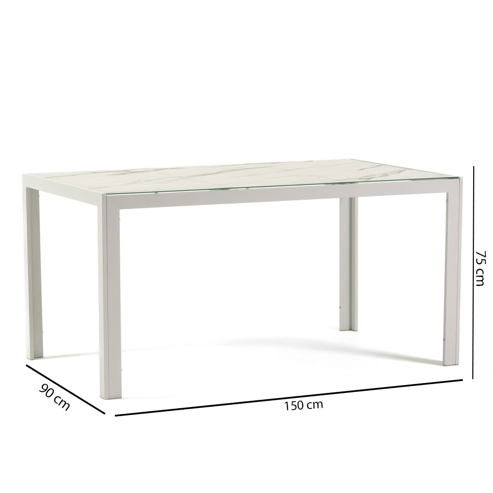 Mesa rectangular 150x90 cm fija con estructura de aluminio y tablero de vidrio decorado Milo para interior/exterior mármol blanco/blanco - 7