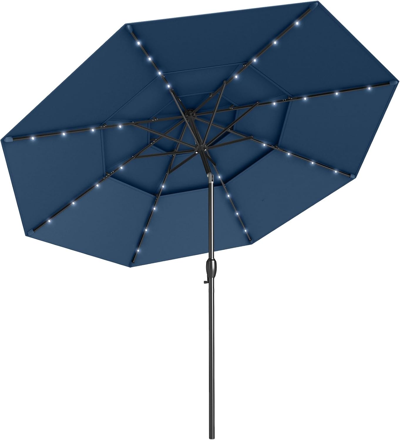 Parasol Ogrodowy z 32 Diodami LED, 3 m, Odchylany Parasol Balkonowy z 3-stopniową Regulacją Nachylenia, 8 Żeber, Korba, Ochrona UV (Niebieski)