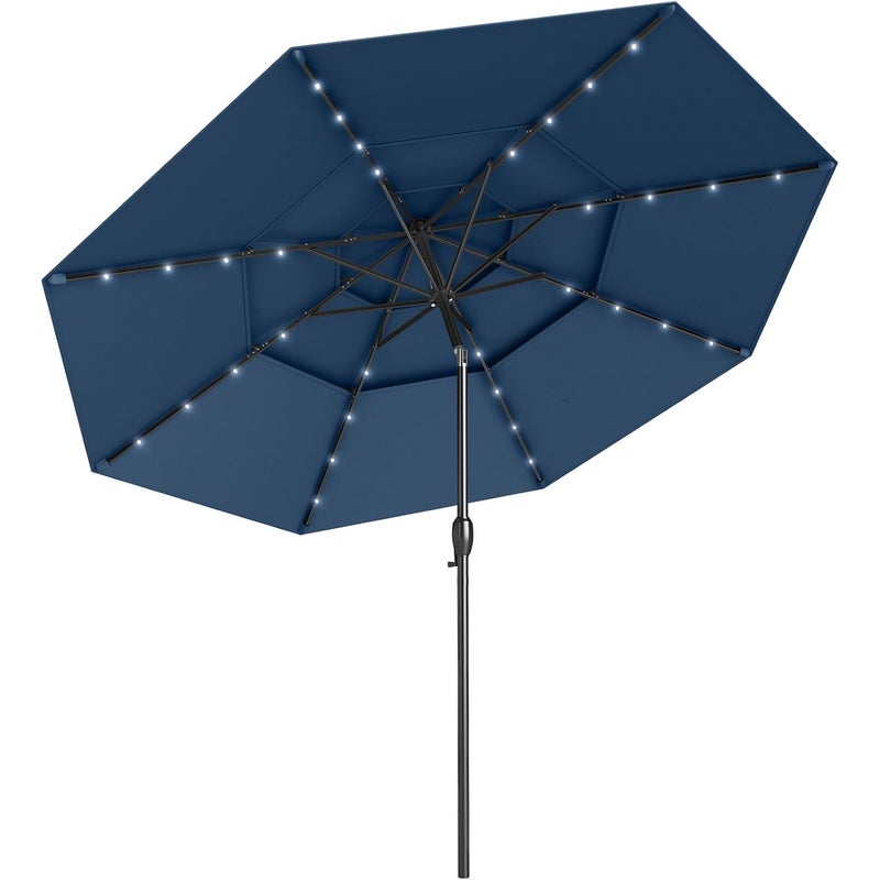 Parasol Ogrodowy z 32 Diodami LED, 3 m, Odchylany Parasol Balkonowy z 3-stopniową Regulacją Nachylenia, 8 Żeber, Korba, Ochrona UV (Niebieski)