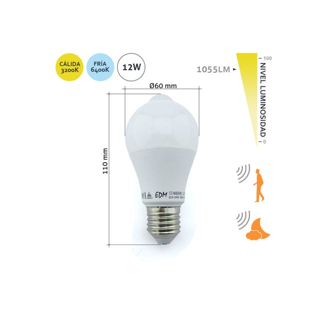 Bombillas LED Con Sensor De Movimiento E27 12W - Luz Fría 6000K 1000LM, ángulo 120°, Auto On/off, Ahorro Energético, Pack De 2 Unidades