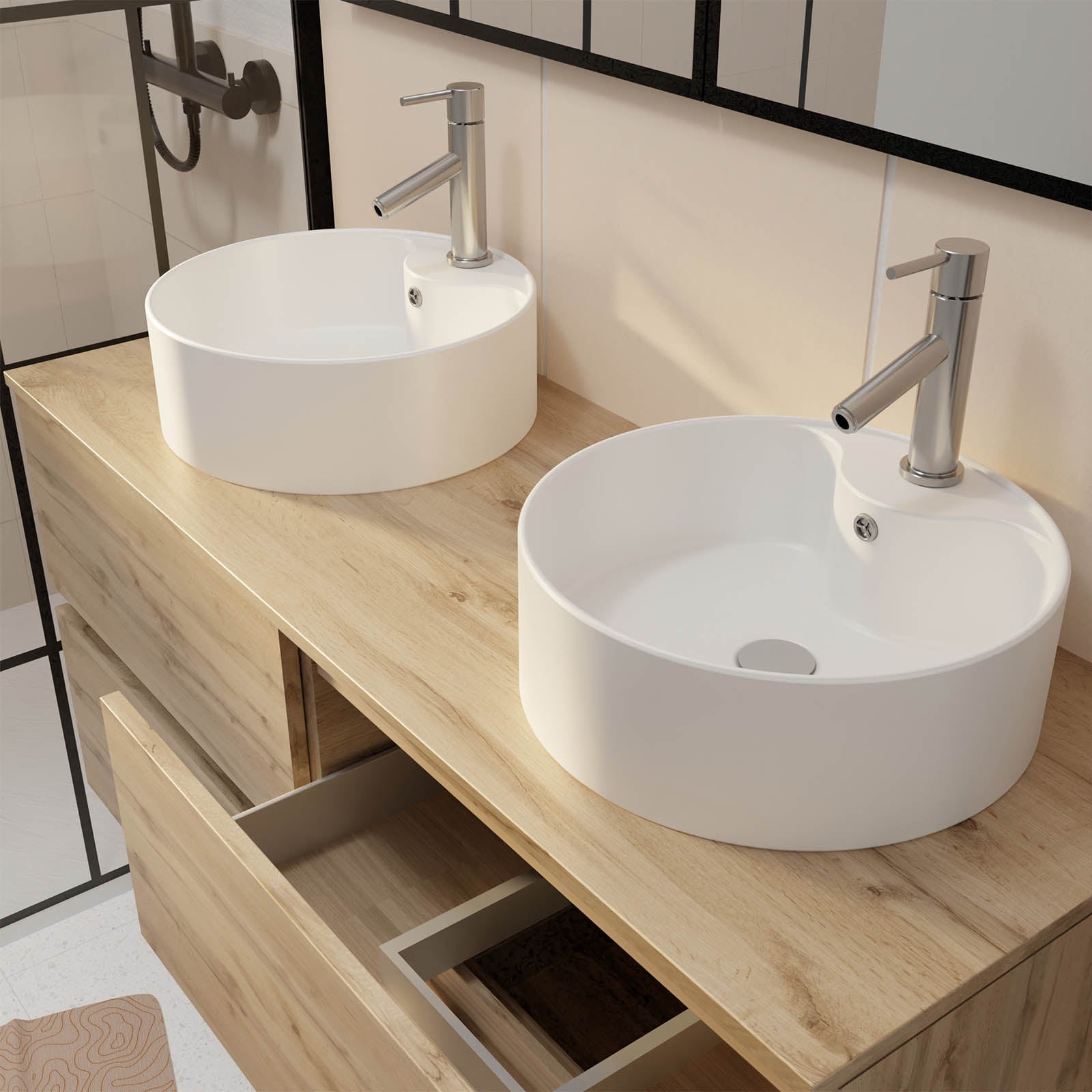 Meuble Salle de Bains 120cm 4 Tiroirs Chêne Naturel - 2 Vasques Rondes 41cm en Céramique Blanche - 2