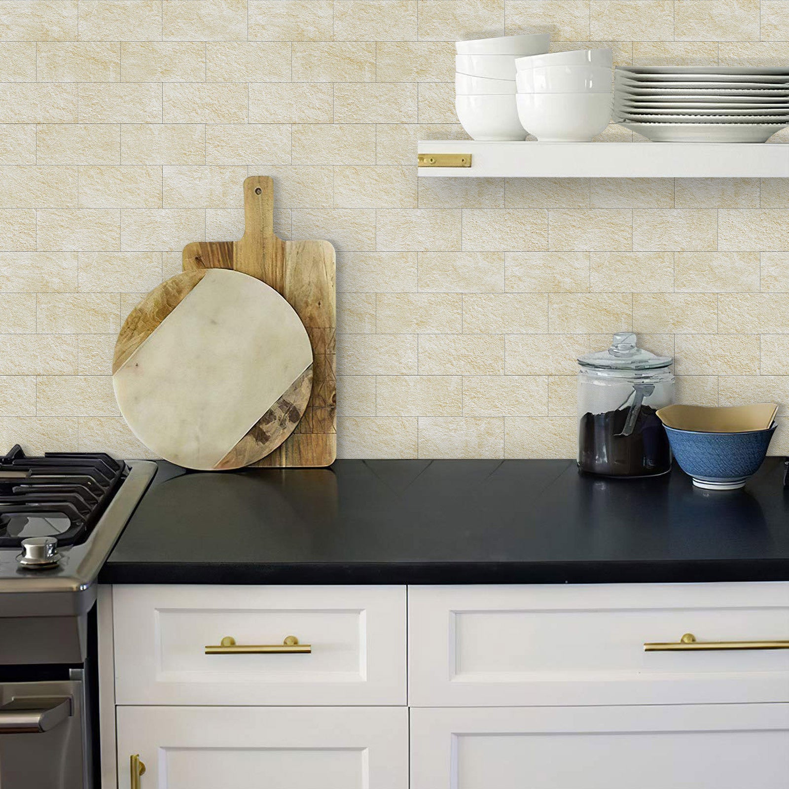 Crédence Adhésive Carrelage Jaune Clair - 10 Panneaux Décoratifs Imperméables pour Mur de Cuisine, Îlot Central et Encadrement de Cheminée - 8
