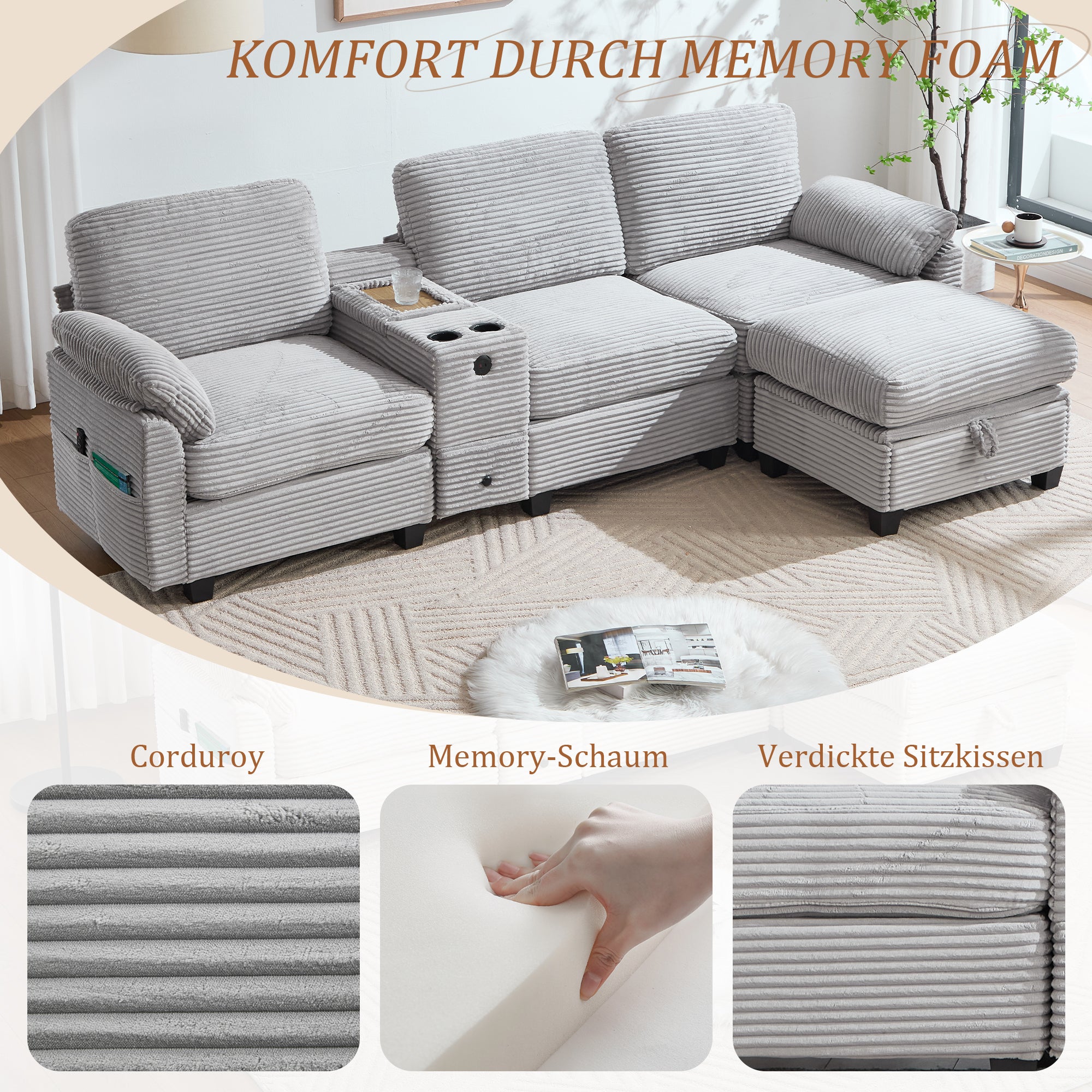 Grand canapé velours côtelé avec mousse confortable, console amovible, USB-C, poche latérale, tiroir de rangement et ottoman mobile.-Lu - 6