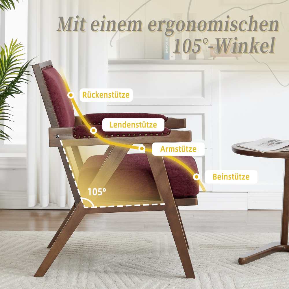 Fauteuil Lounge Tissu Moderne Mid-Century avec Accoudoirs et Cadre Bois pour Salon, Chambre, Bureau - 6
