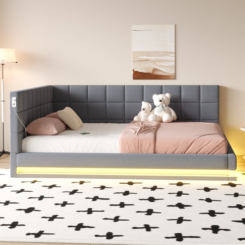 Sofa-łóżko 160 x 200 cm, z listwą LED, wtyczką USB i sprężynami, z szarego aksamitu.