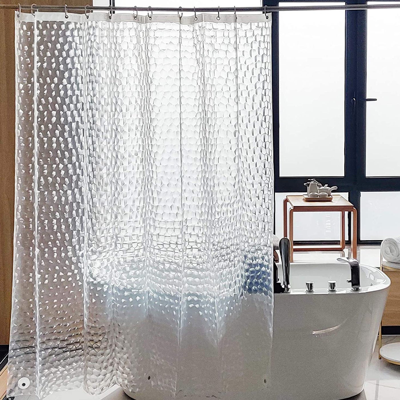 Rideaux de douche, rideau de douche 180 cm x 200 cm blanc motif semi-transparent en tissu PEVA rideau de douche de salle de bain avec crochets - 2