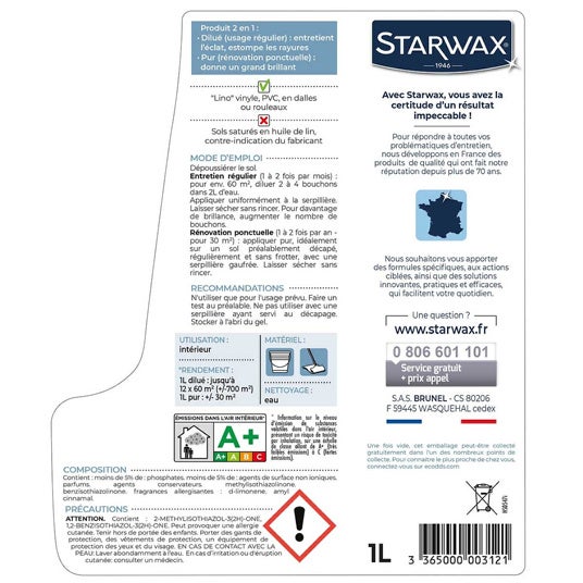 Entretien brillant 2 en 1 Sols PVC Starwax - 1L Starwax - 2