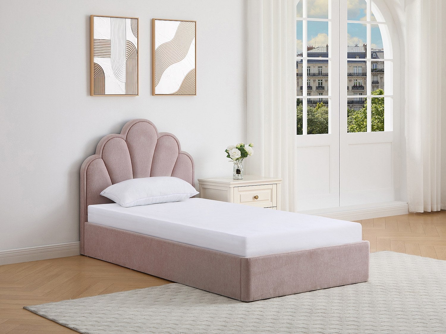 Łóżko muszla ze skrzynią 90 x 190 cm – Tkanina – Różowe + Materac - CORALUNO