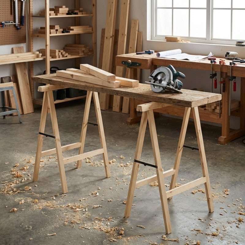 Cavalletto pieghevole in legno per lavorazione del legno e fai da te 74x73,5 cm | Cavalletto per montaggio assi e taglio legno - 8