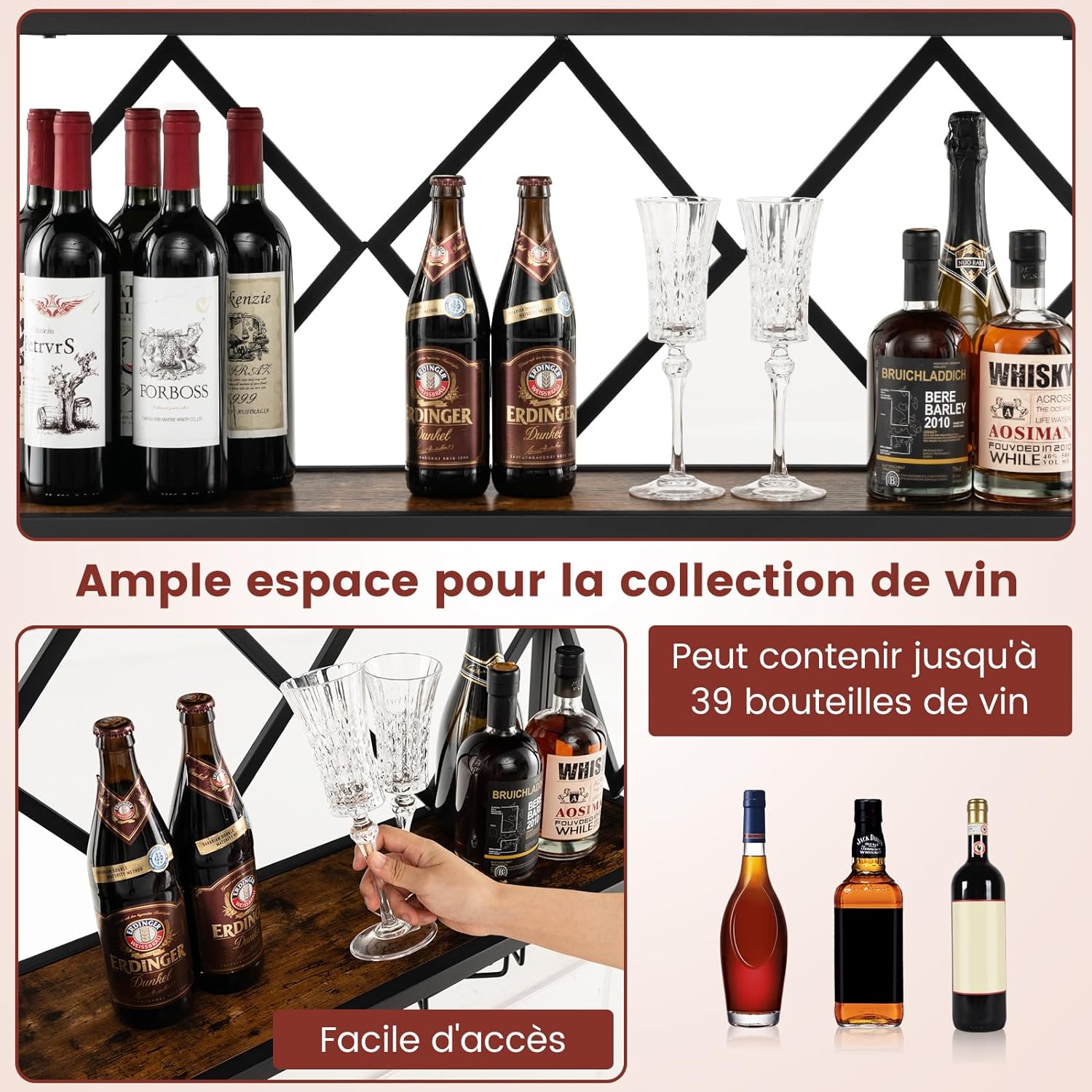 Soporte de Pared para Botellas de Vino, Estantería de Vino Industrial con Portabotellas para 39 Botellas y 12 Copas, Estante de Almacenamiento - 3