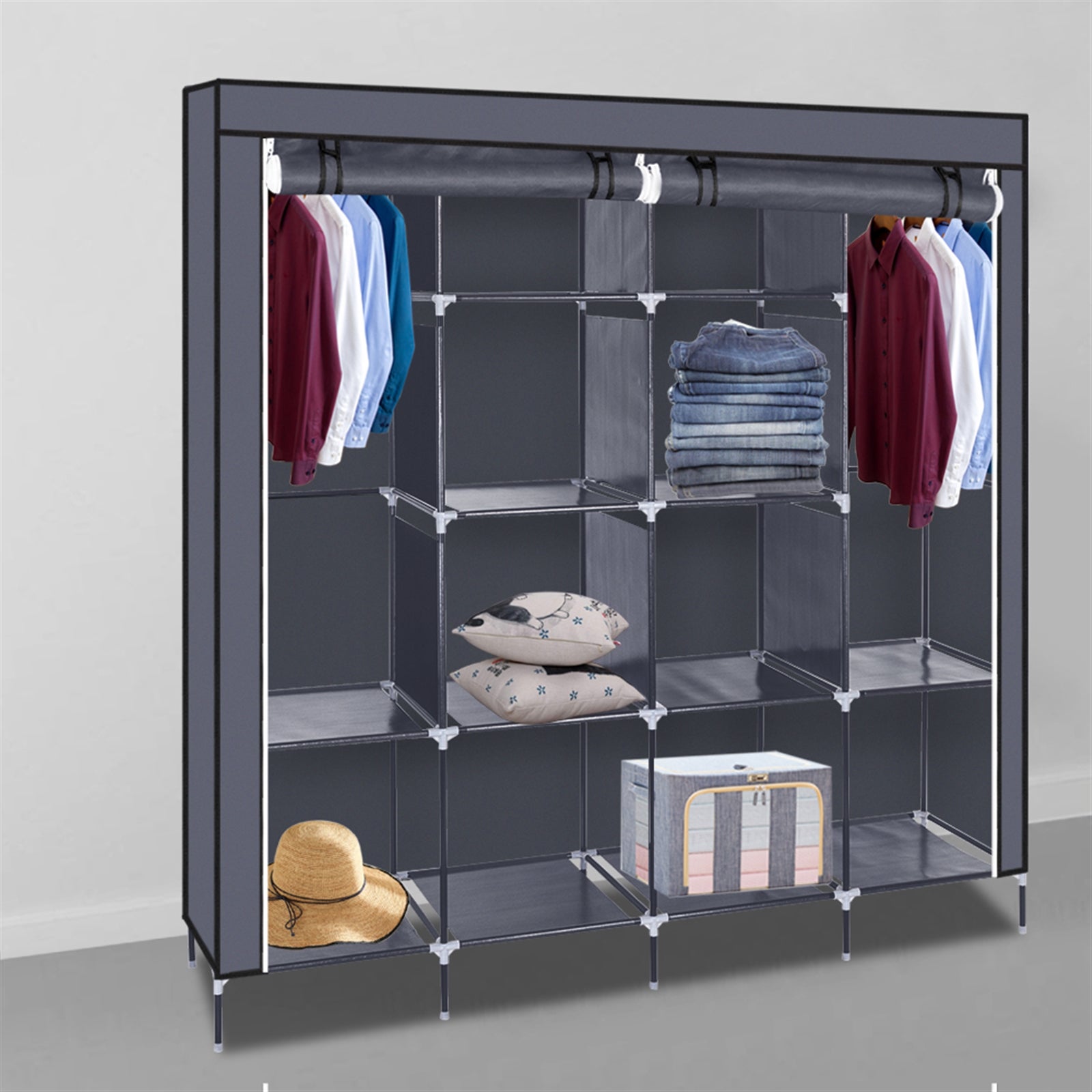Organisateur de rangement pour armoire portable avec support suspendu en tissu non tissé, gris, 12 compartiments, 169,5 x 44 x 181,5 cm - 8