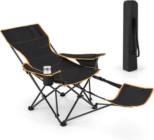 COSTWAY Chaise de Camping Pliante avec Repose-Pieds, Chaise de Pêche Inclinable avec Dossier Réglable sur 2 Positions, Charge 150 KG, Noir