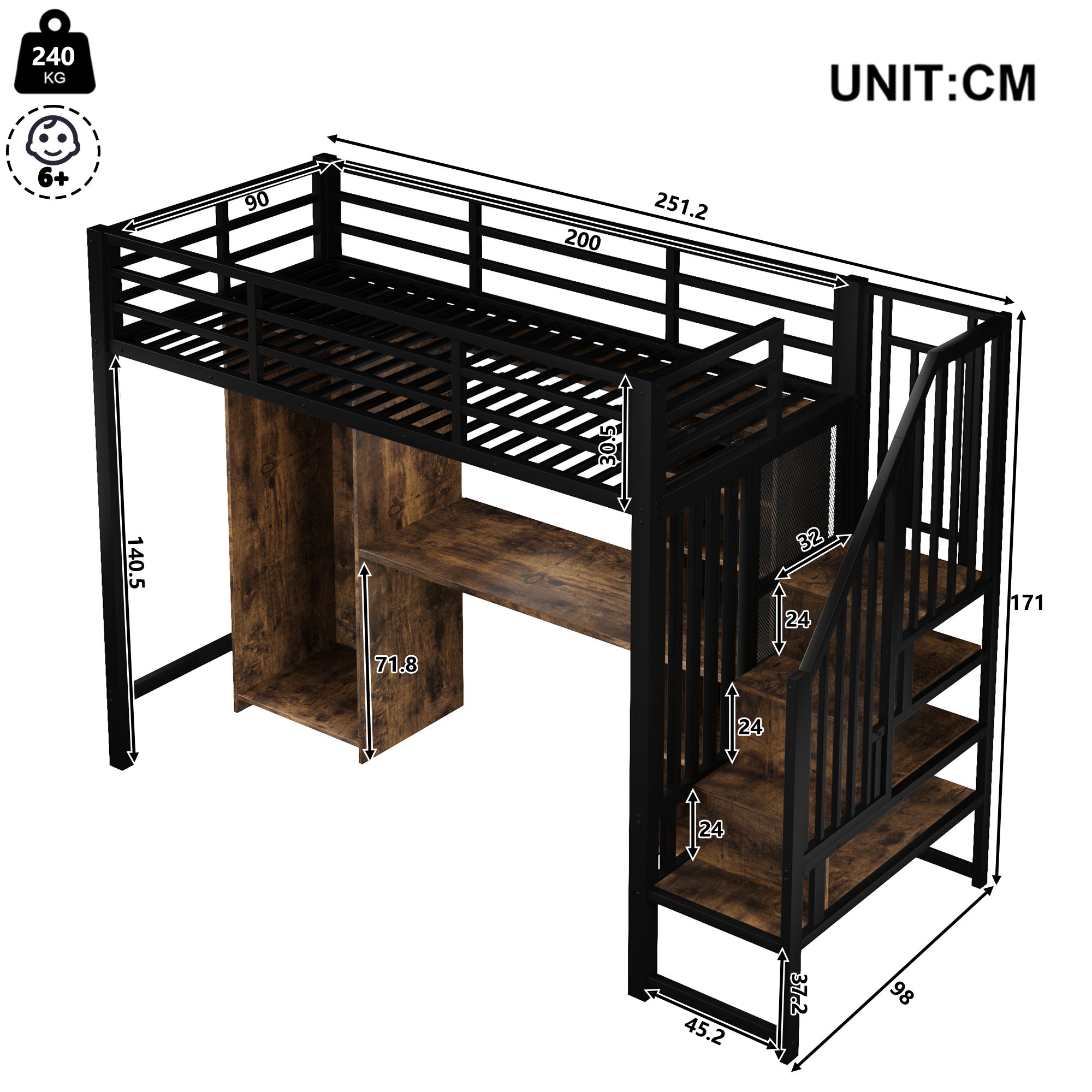 Lit mezzanine avec bureau,Lit simple 90x200 cm avec penderie et rangements,Lit mezzanine en fer,avec escalier de rangement,Noir(matelas non inclus) - 4