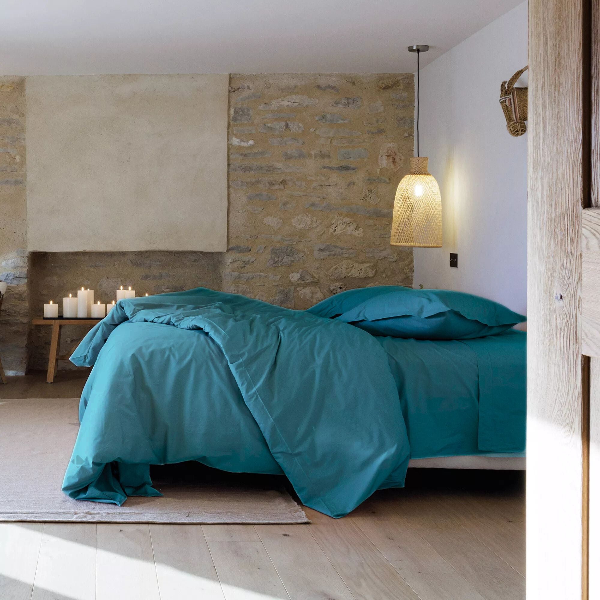 Drap plat 240x300 cm percale de coton MANOIR bleu Lagon - 2