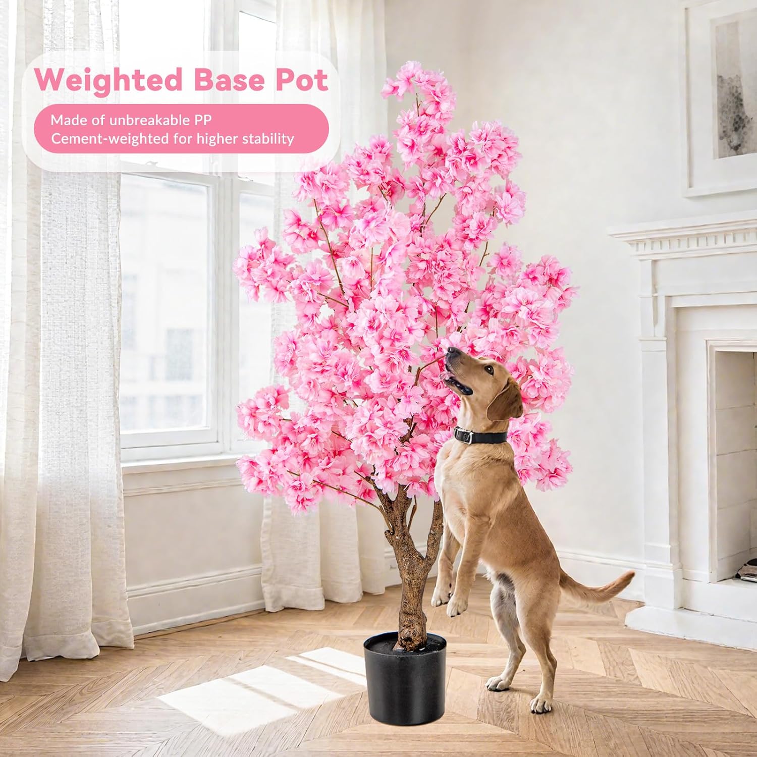 Árvore artificial de cerejeira, altura 118 cm, planta Sakura com 96 flores cor-de-rosa, vaso revestido com cimento, tronco com veios realistas - 6