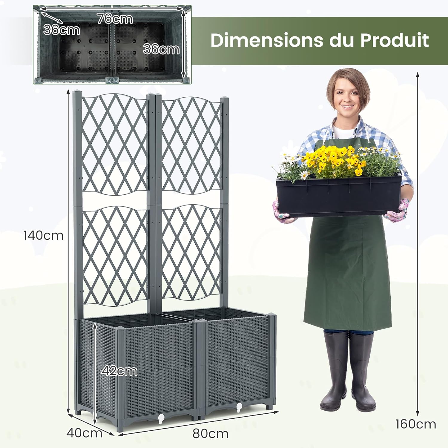 Jardinière avec Treillis sur Pied, Double Bac de Plantation Auto-arrosage en Rotin PP avec Trou de Drainage, Fleurs, Gris, 80 x 40 x 140 cm - 3