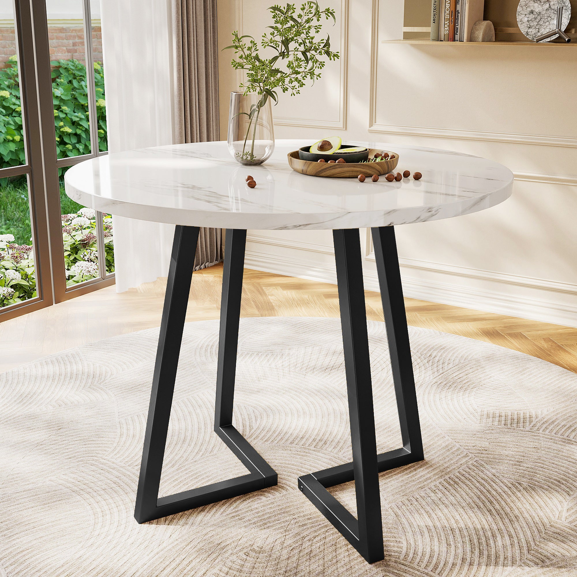 Okrągły stół jadalny - D 80 x W 75 cm - Nogi z płyty MDF i metalu - Blat z efektem marmuru - Biały