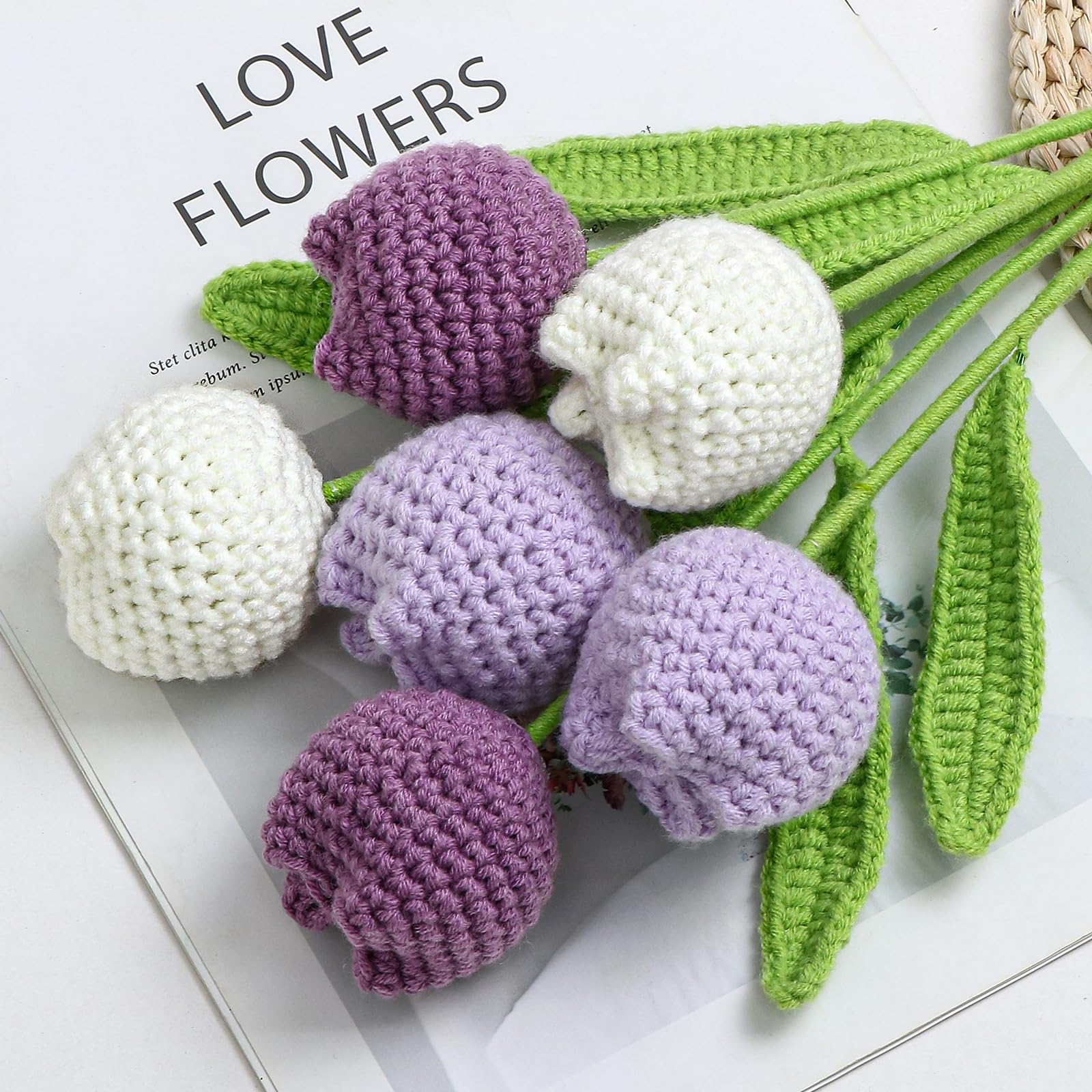 Conjunto de 6 tulipanes decorativos de ganchillo, ramo morado y blanco ...