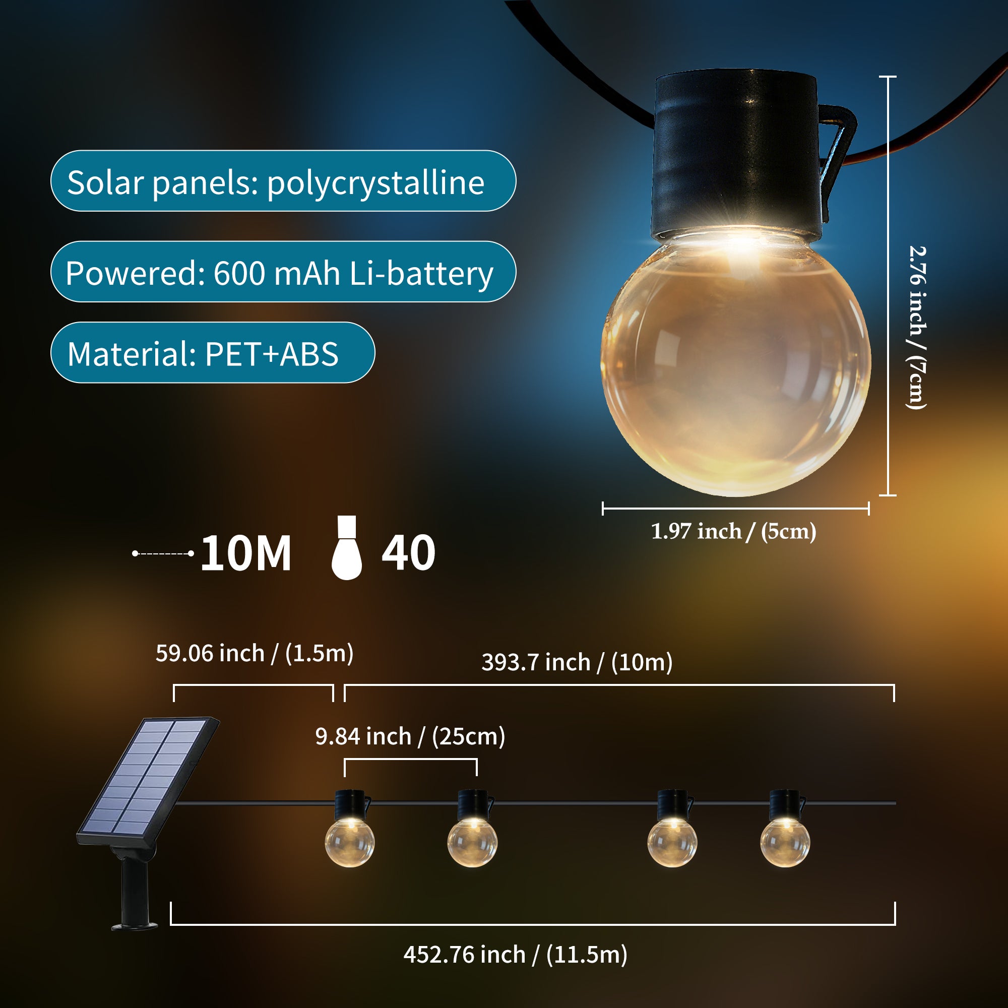 LUXEN Cadena de luces solares para exteriores de 10M, Impermeables con 40 Bombillas Estilo Edison LED Irrompibles de Luz Cálida (1W), para Patio - 3