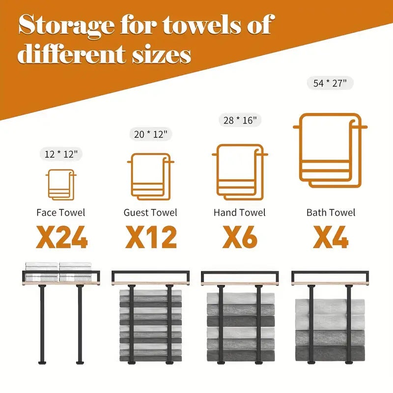 Toallero de baño de lujo - Soporte de metal montado en la pared con estante de madera para almacenar toallas grandes, ahorra espacio - 6