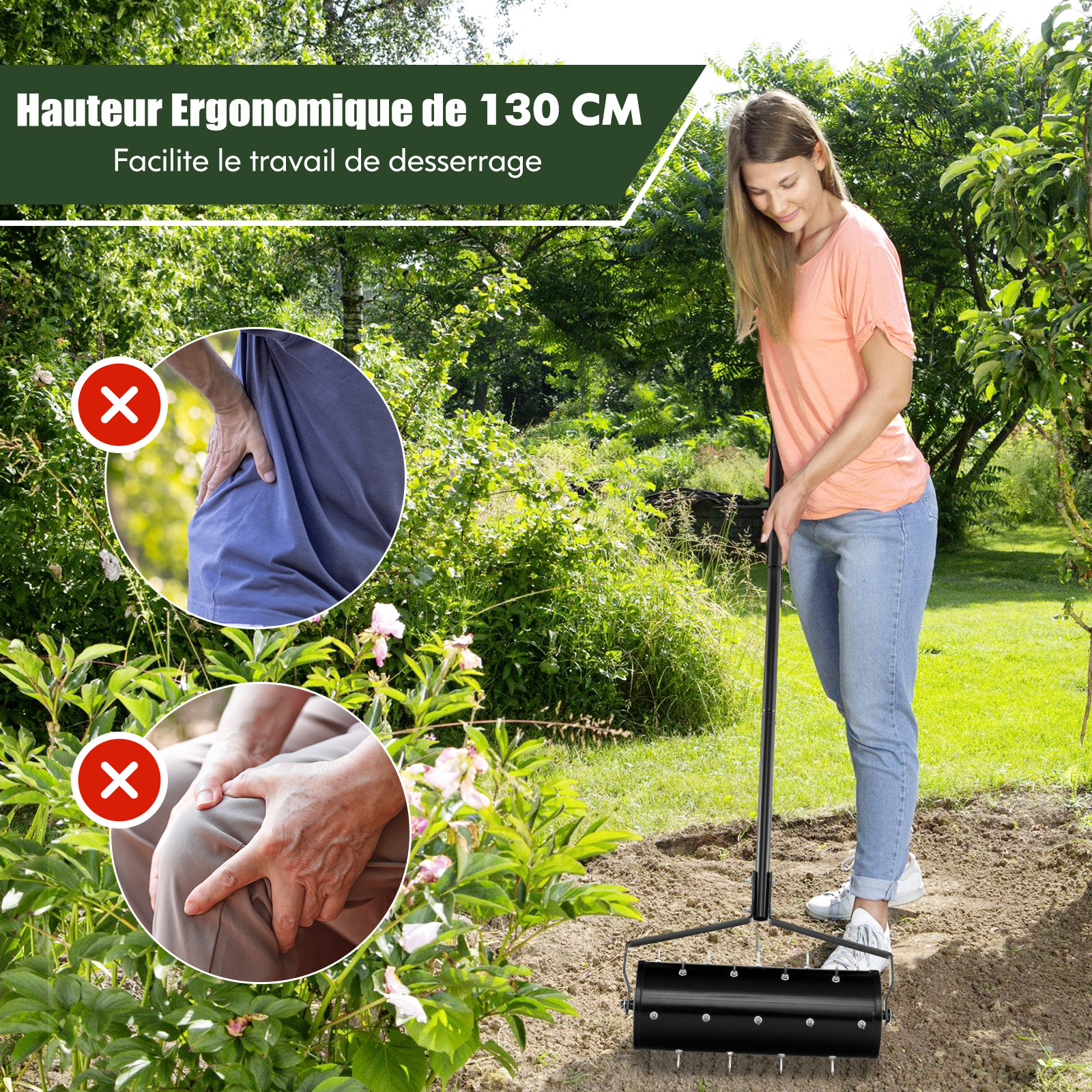 Aérateur à Gazon Roulant de 44 cm, Scarificateur Manuel avec Poignée Amovible de 128 cm Pointes de Dents pour Ameublir Sol, Aération de l'Herbe, Noir - 9
