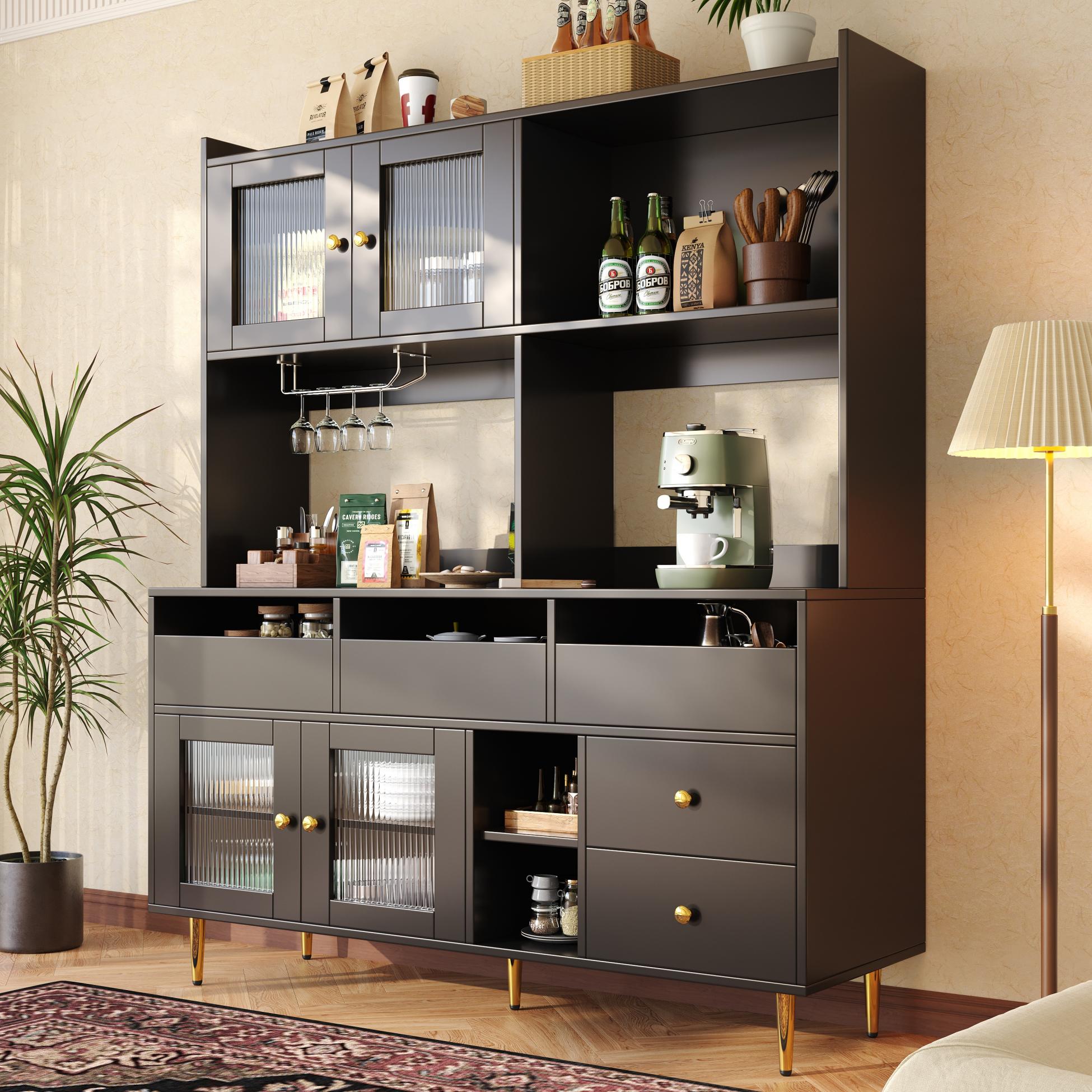 Buffet haut de salle à manger avec portes en verre dépoli, range-verres et espaces de rangement – Noir avec détails dorés – 145×39×171 cm - 5