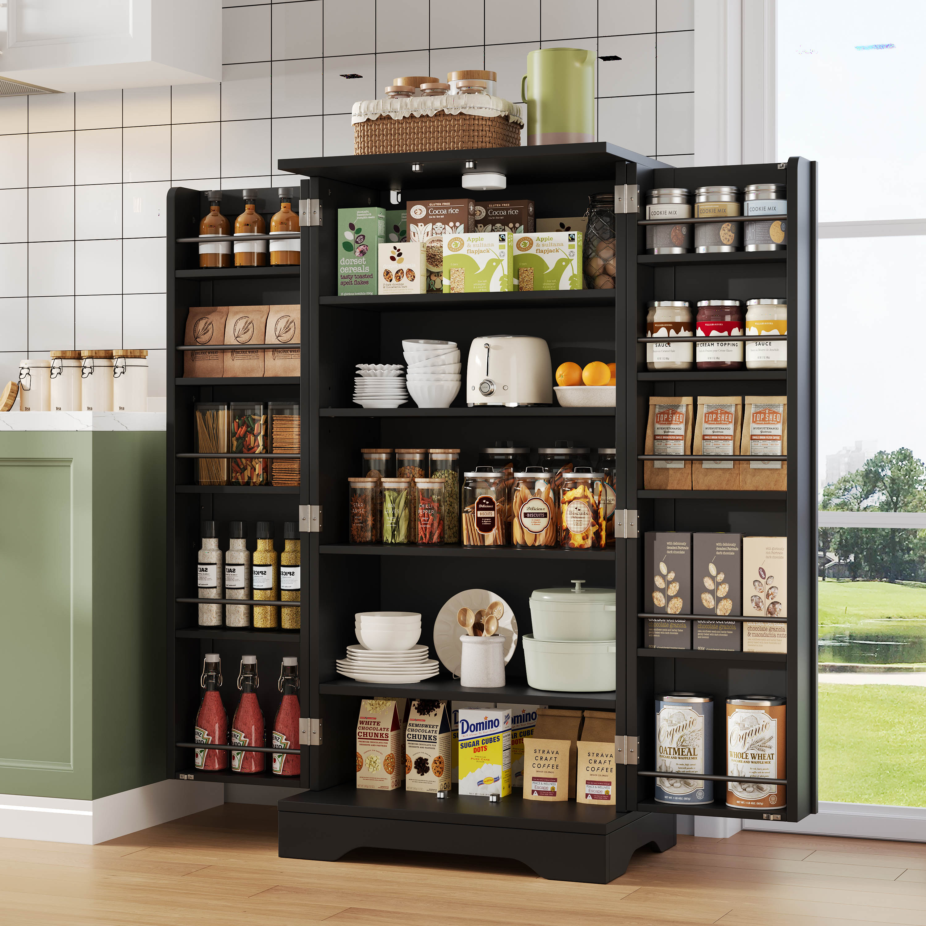 Armadietto Cucina Con Sensore LED 120x60x40 Cm – 2 Ante, Ripiani Regolabili E Porta-oggetti, Bianco Moderno