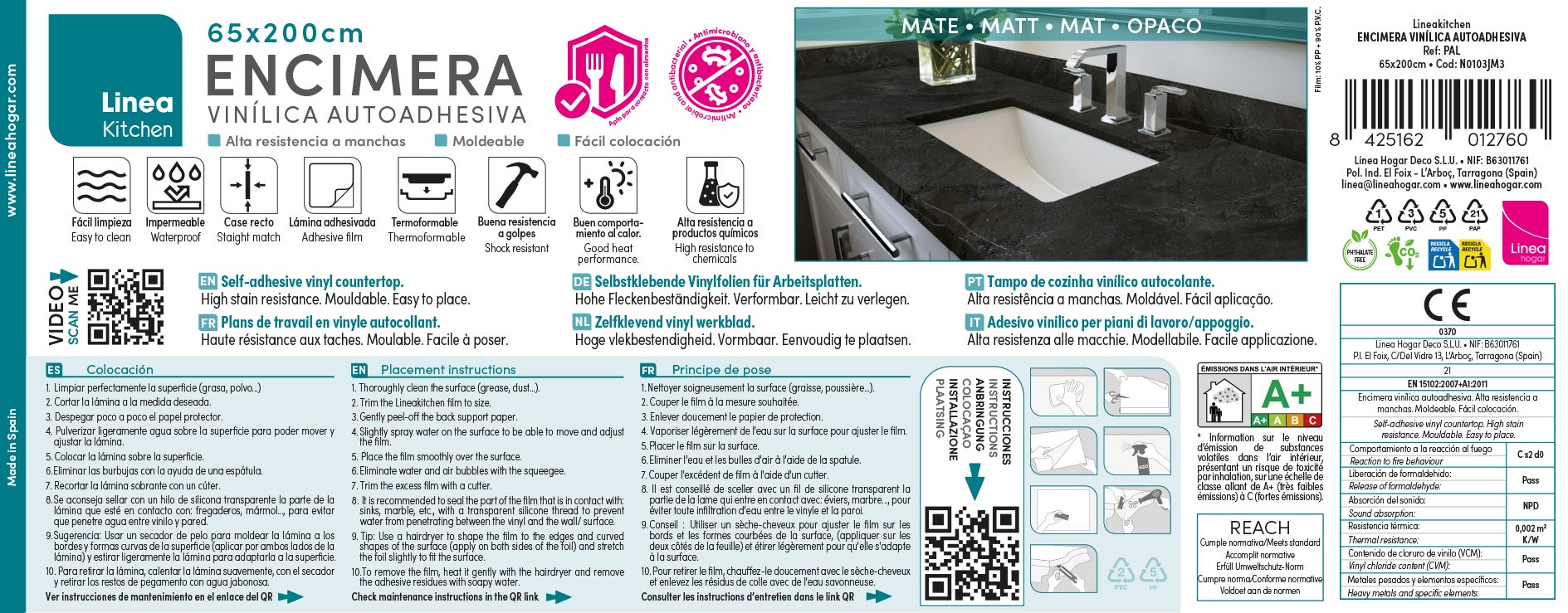 PAL: Vinyle adhésif pour plan de travail de cuisine et salle de bain. Résistant aux taches. Imperméable. Facile à poser et à nettoyer. 0,65x2m - 12