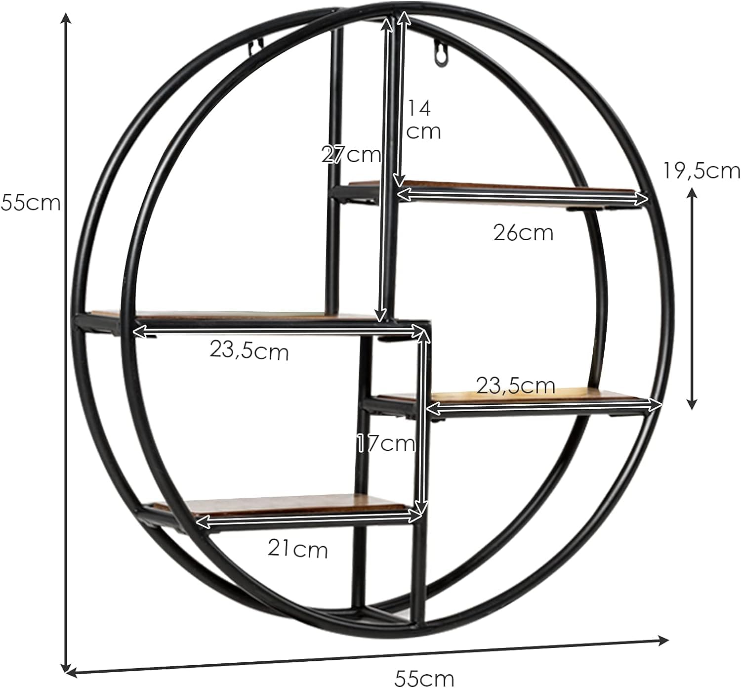 Étagère Murale Ronde, Étagère Suspendue avec 4 étagères en Bois et Métal, Design Industriel, Décoration Murale pour Salon, Salle de Bain, 55x55x11cm - 3