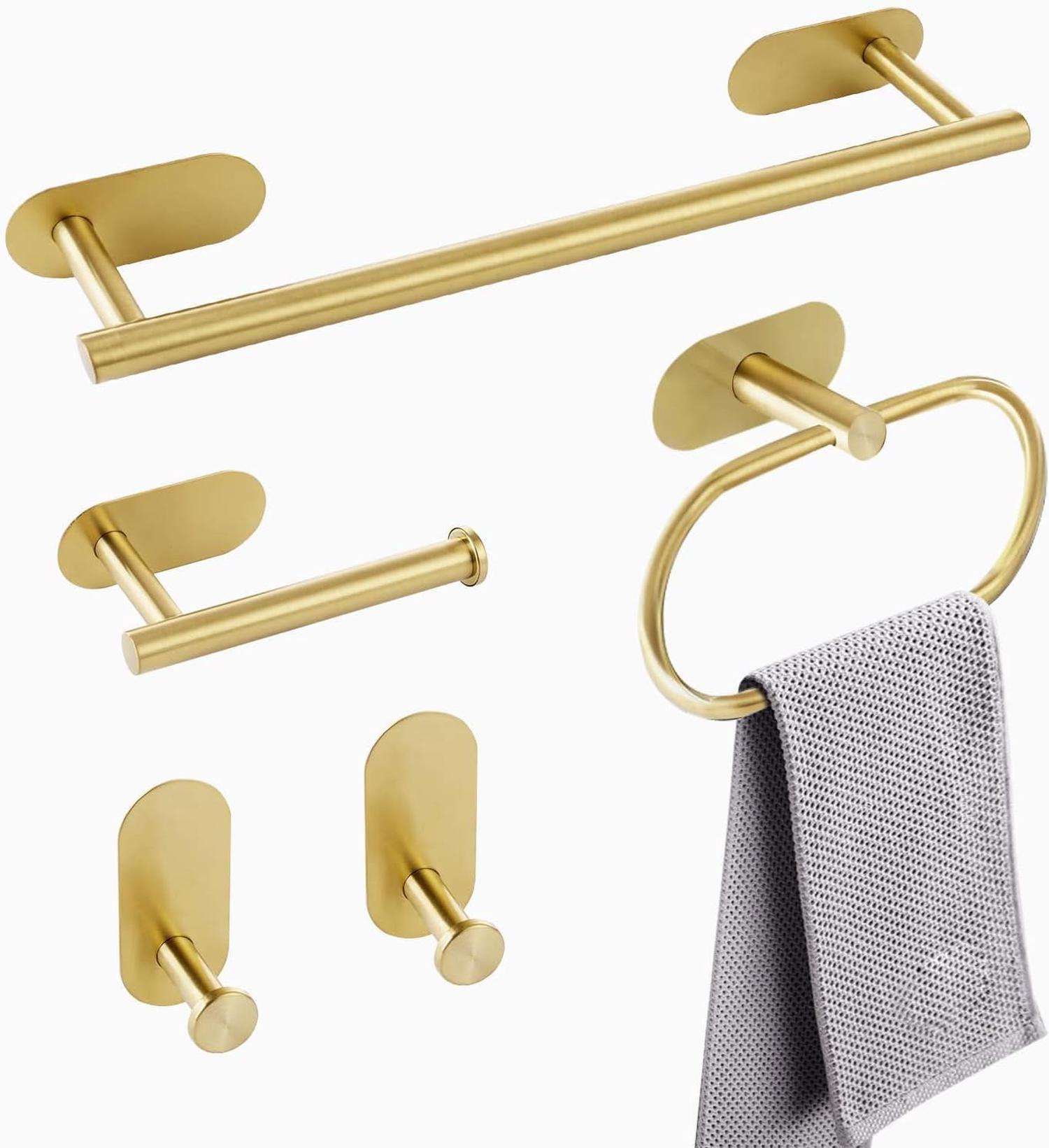 Kit Salle De Bain 5 Pièces Or - Barres Porte-Serviettes Adhésives 40cm Acier Inox 304 Sans Percage