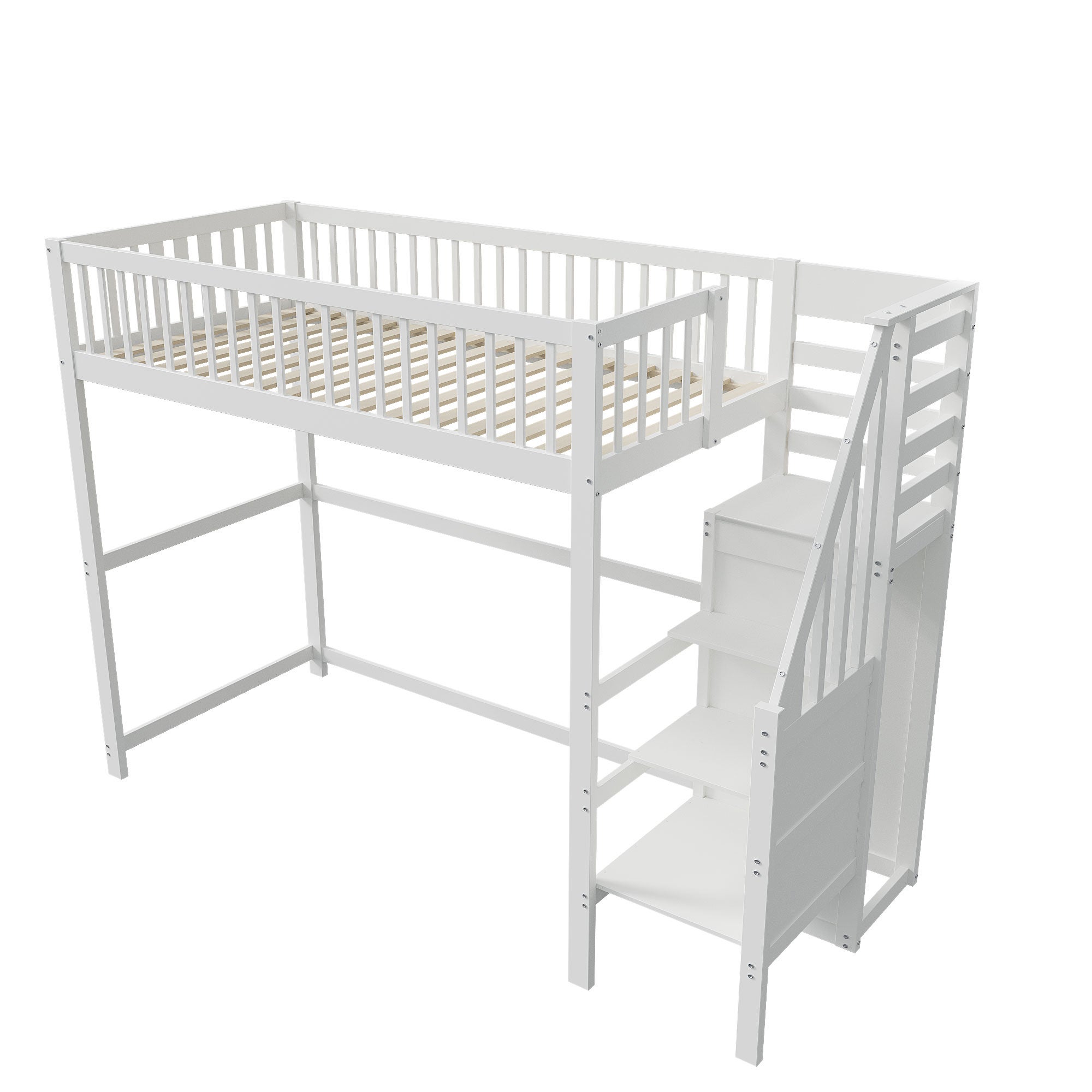 Lit mezzanine 90 x 200 cm avec armoire ouverte - Bois massif + contreplaqué + MDF - Blanc (sans matelas) - 9