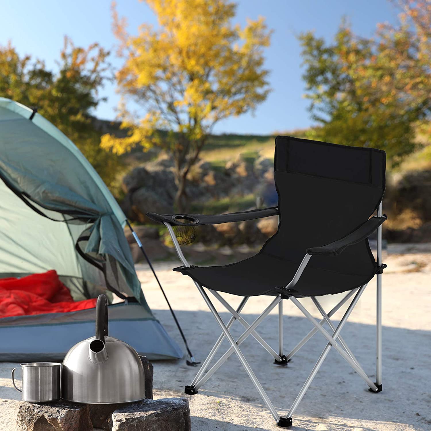 Lot de 2 Chaises de Camping Pliables, extérieur, Cadre Stable, capacité de Charge 120kg, Noir - 2