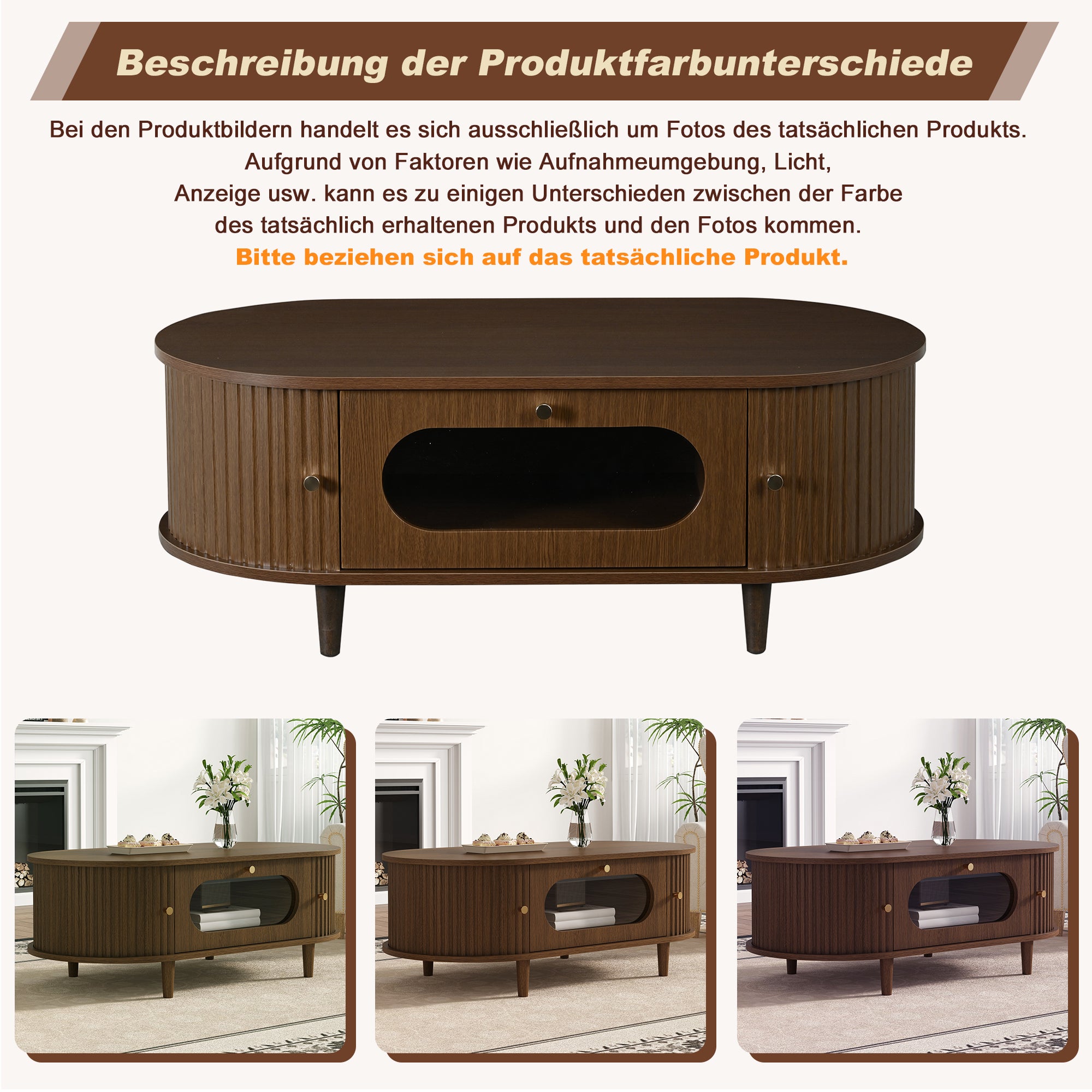 Owalny stolik kawowy z 2 drzwiami przesuwnymi i 1 szufladą - 100 x 50 x 36 cm - MDF - Orzech - 6