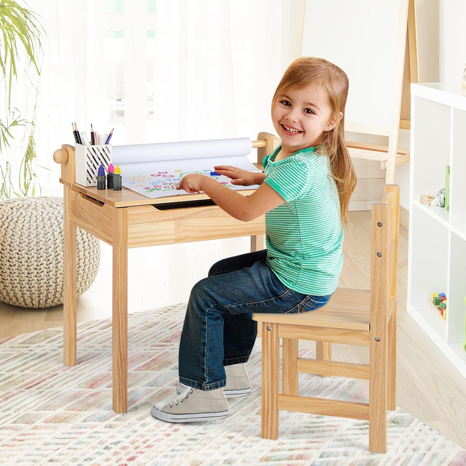 Table Enfant avec Chaise, Table a Dessin Enfant avec Rouleau du Papier, Bureau d’Écriture en Bois, Table Polyvalente pour Enfant 3+ Ans, (Naturel) - 2